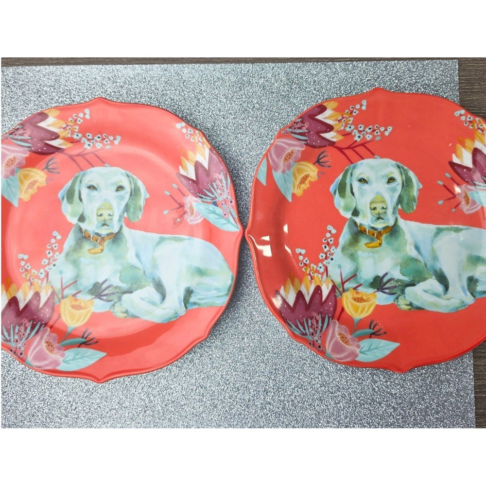 One Hundred 80 Degrees Weimaraner Dog Floral Porcelain Plates Set of 2 Coral Red